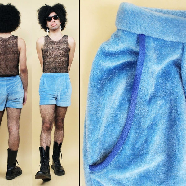 70s Vtg Terry Cloth Blue Shorts by DeWeese Designs Swim Beach Summer Unisex Women's tag Medium