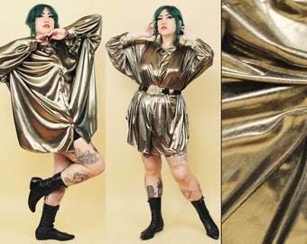 80s Vtg Gold Lamé Foiled Metallic Oversized Shirt Dress Button Up Collared Long Sleeve Disco Glam Plus Size up to 4X B60" W60" H62" L32"