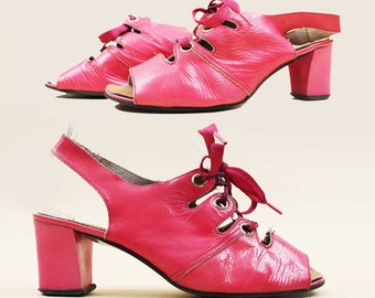 60s Vtg Bubblegum Pink Leather Cage Lace Up Slingback Platform Chunky Heel Sandal Mod Grommet Women&#39;s Shoe US 7.5 EU 38