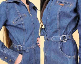 70s Vintage Landlubber Denim Jumpsuit: Wide Leg Rocker Glam