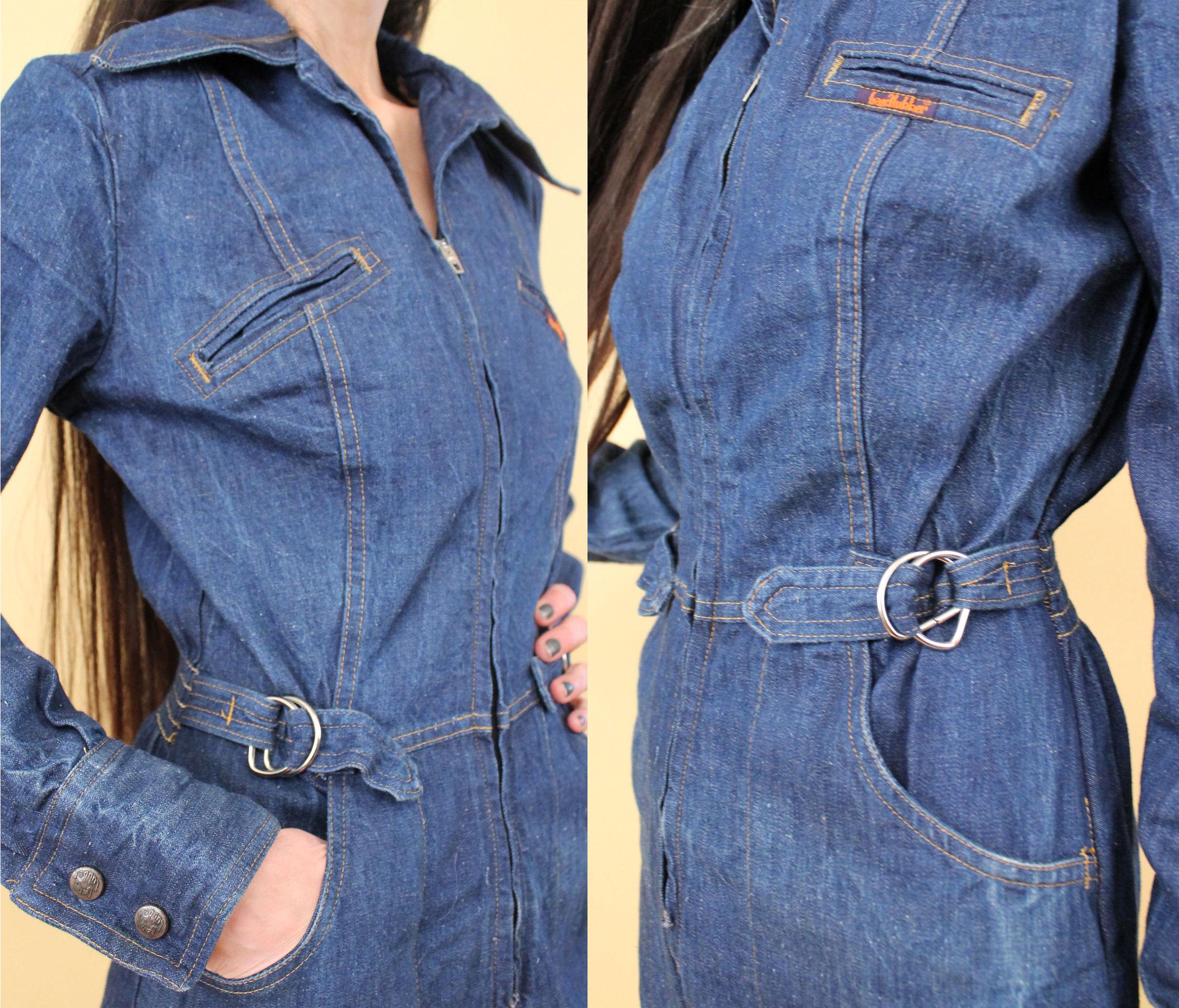 70s Vtg Landlubber Blue Jean Denim Zip up Wide Leg Jumpsuit
