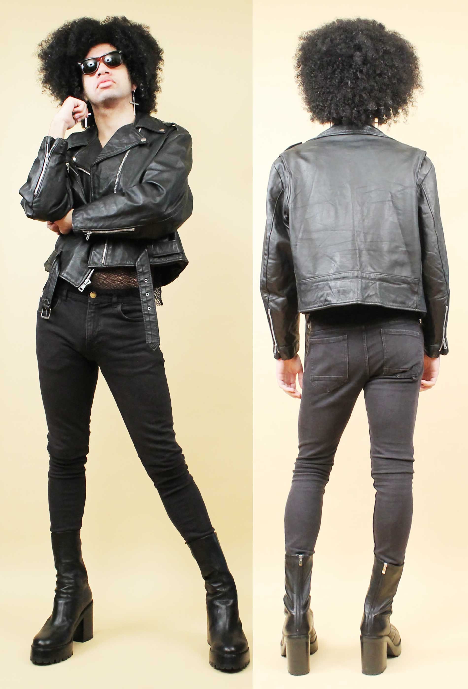 70s Vtg Black Leather Motorcycle Jacket Biker Moto Punk