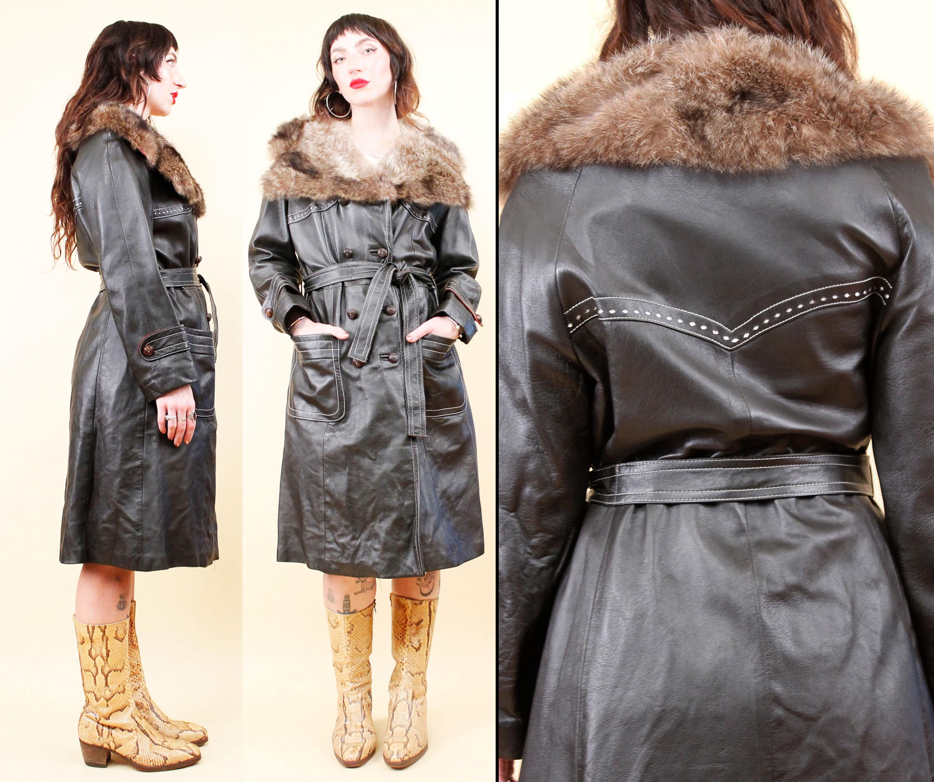 60s 70s Vtg Racoon Fur Pointy Collar Espresso Brown Leather Trench