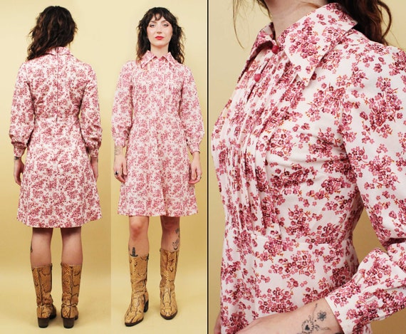 70s Vtg Pink Floral Polyester Long Sleeve Collare… - image 1
