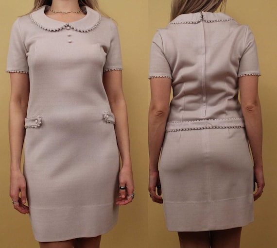 60s Vtg Grey Knit Peter Pan Collared Mini Dress Shift Mod Go
