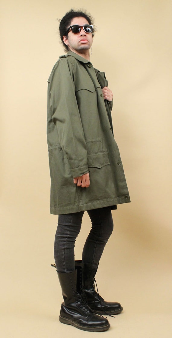 80s Vtg Italian Army Green Cotton Chore Coat Long… - image 10