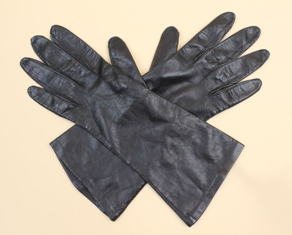 60s Vtg Black Italian Leather Gloves Soft Buttery… - image 7