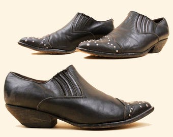 80s Vtg GUESS Black Leather Studded Winklepicker Ankle Boot Pointy Toe Western Slip On Bootie Women's US 7.5 EU 38