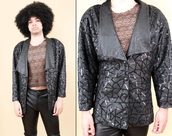 80s Vtg Sequin Black Leather Cinched Waist Jacket Motorcycle Biker Punk Metal Women's tag L fits M B42" W34" H38" L29"