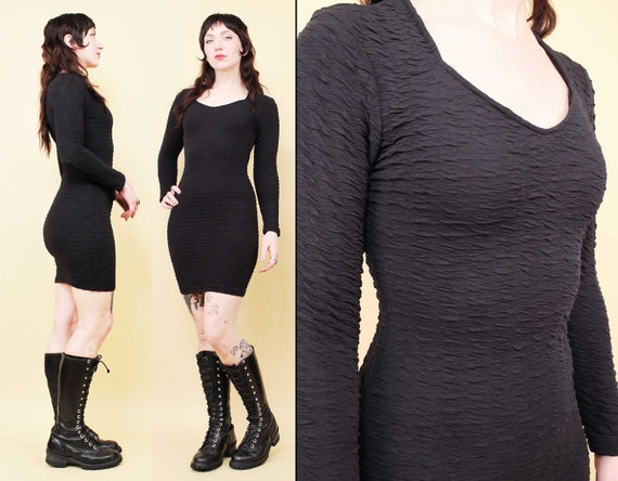 80s Vtg Black Textured Stretchy Spandex Mini Dres… - image 1