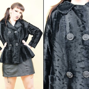 50s 60s Vtg Black Faux Fur Short Length Pea Coat Double Breasted Collared Spy Trench Jacket Mod Pin Up Plus Size L 1X 2X 14 16