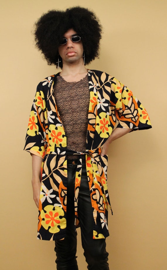 60s 70s Vtg Black Yellow Orange Mod Cotton Psyche… - image 8