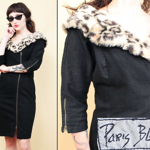 80s Vtg Faux Fur Leopard Collar Black Denim Zip Up Dress Zipper Sleeve Punk Glam Paris Blues Women's tag 7 Small