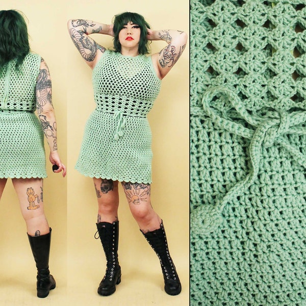 60s Vtg Green Crochet Knit See Through Mini Dress with Drawstring Bow Waist Women's Medium - Large B36-40" W28-32" H38-40" L34"