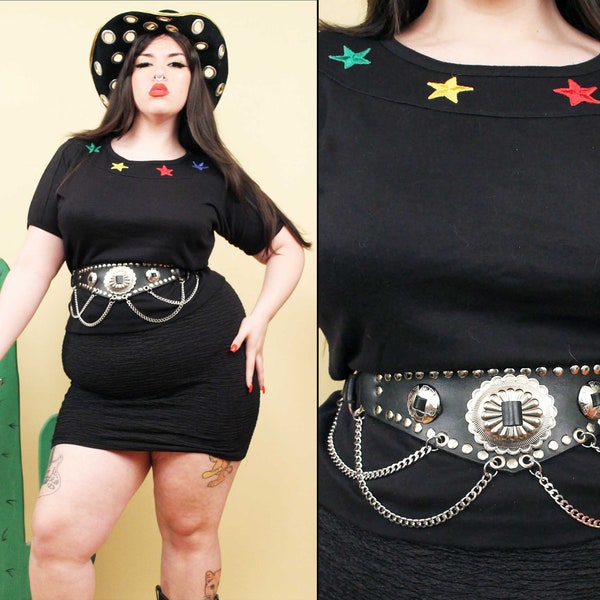 80s Vtg Black Tshirt Primary Color Rainbow Star Emroidery Short Sleeve Shirt Blouse Women's tag Medium Stretchy 50/50