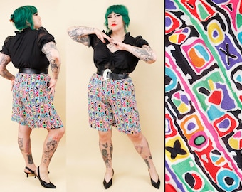 Pantalones cortos largos vintage de los 80 de Carole Little con estampado geométrico de arcoíris para mujer, talla 8 M-XL, ancho 28-36", alto 48", largo 23".