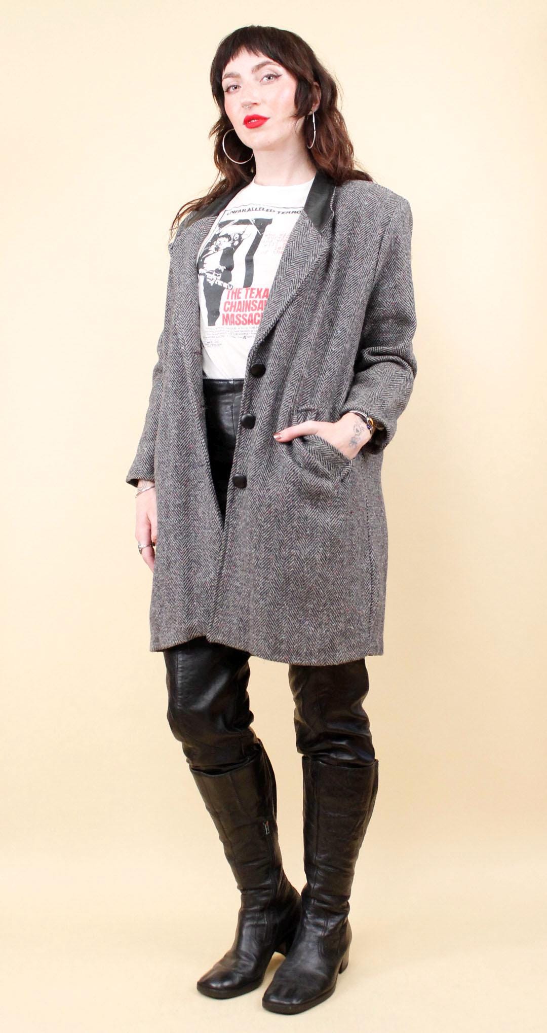 80s 90s Vtg Tweed Herringbone Grey & Black Leather Collar Overcoat