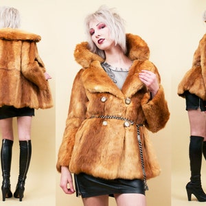 60s 70s Vtg Honey Brown Rabbit Fur Short Trench Pea Coat w/ Big Giant Pointy Collar Mod Glam Rock Double Breasted Jacket Sm Med