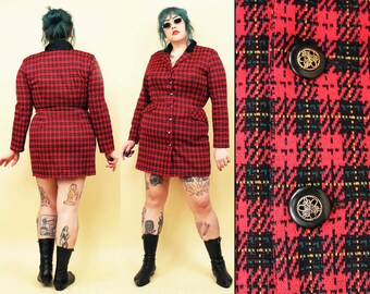 80s 90s Vtg Red Plaid Tartan & Black Velvet Collar Mini Dress Long Sleeve Stretch Knit The Nanny Westwood Style Punk Women's tag 13/14 Lrg