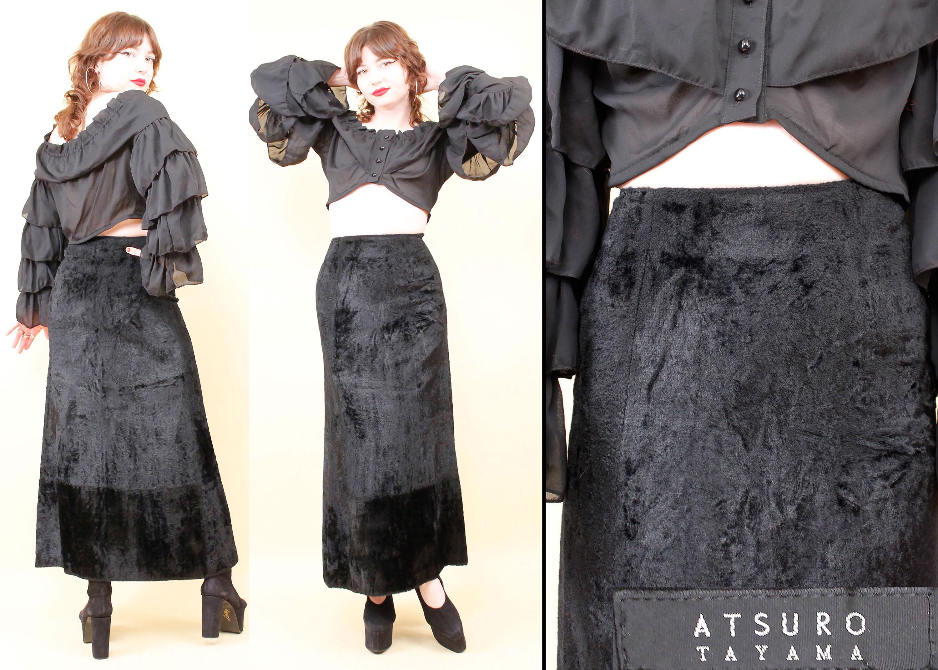 90s Vtg Atsuro Tayama Black Faux Fur Velvet Column Maxi Skirt