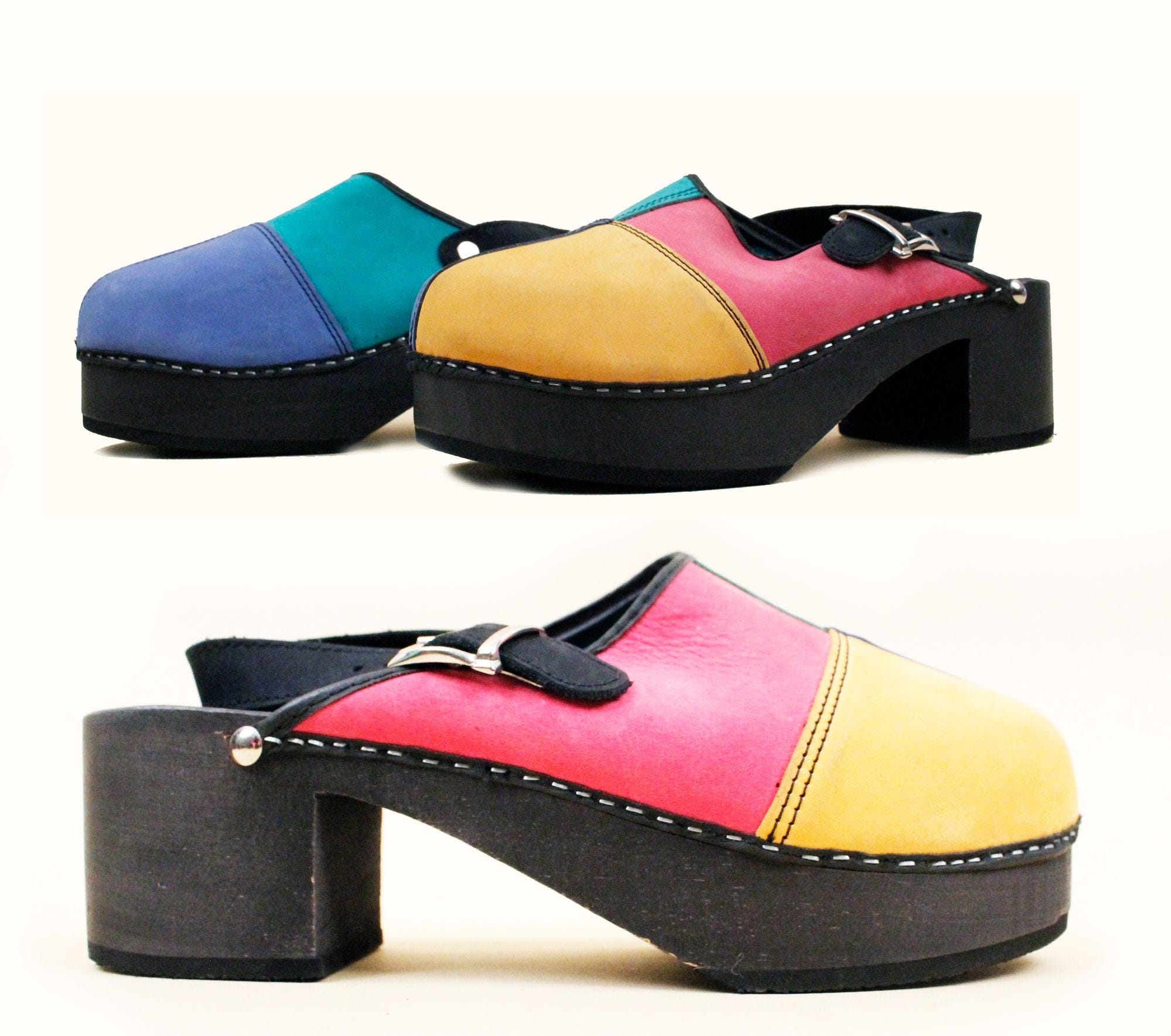 靴 Mondrian Belted Mules 90s Vtg Mondrian Rainbow Color Block Leather Mule Clog Platform