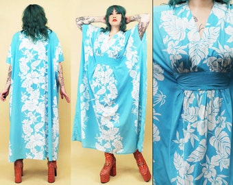 60s 70s Vtg Blue Hawaiian Print Floral Kaftan Dress Kaftan White Blue Women's Plus One Size S-4X B60" W70" H70" L52"