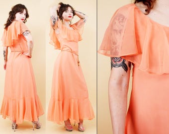 70s Vtg Salmon Pink Ruffle Chiffon Collar Maxi Dress Prom Cascading Formal Dress Women's Xs Petite B32" W27" H34" L50"