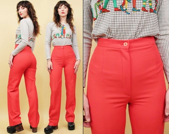 70s 80s Vtg Coral Red Orange High Waisted Bootcut Pants Polyester You Babes Women's tag 7 Xs Sm