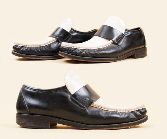 【USED】90's Italy製 leather Loafers 90s Vtg Italian Black & White Leather Loafer Slip on Dress Shoe