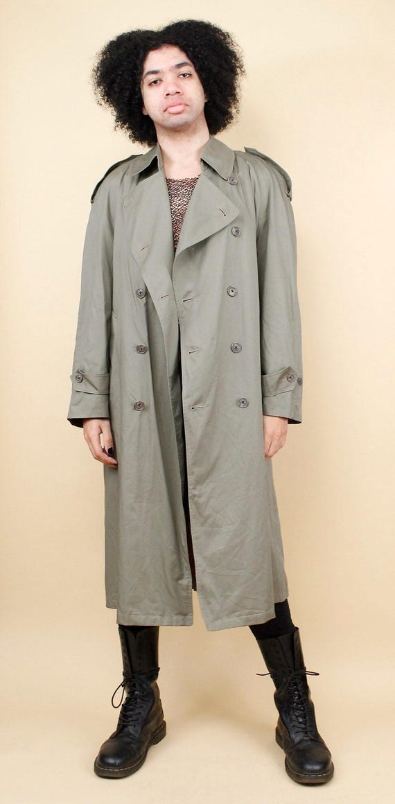 80s Vtg Army Green Classic Cotton Wool Lined Trench Coat Belted