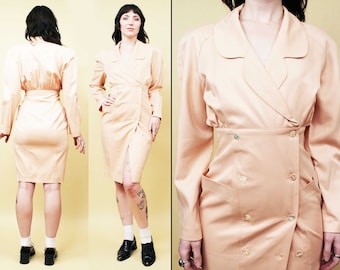 80s Vtg Peach Suit Dress French Designer J Michel Paris France Collared 1940s Style Mini Dress Women's tag 40 Xs