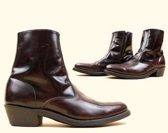 70s 80s Vtg Laredo Oxblood Black Red Leather Ankle Boot Zip Up Western Pointy Toe Cowboy Mod Rocker Men's US 10.5 EU 44