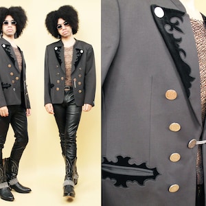 80s Vtg Black Wool Western Yolk Velvet Blazer Jacket Button Detail & Chain W.German Designer Severin Goth Punk Metal Men&#39;s Large 42 Chest