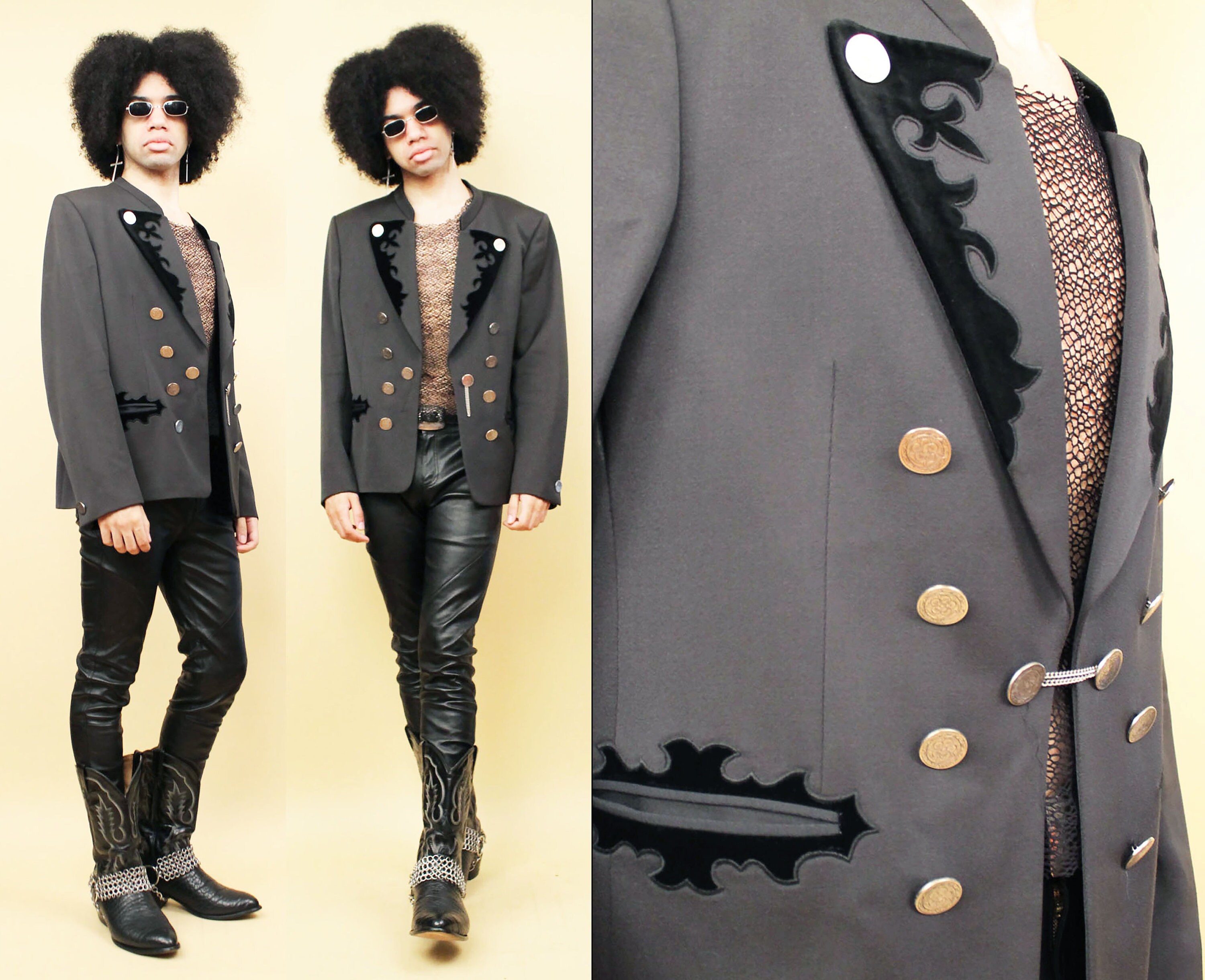 80s Vtg Black Wool Western Yolk Velvet Blazer Jacket Button Detail