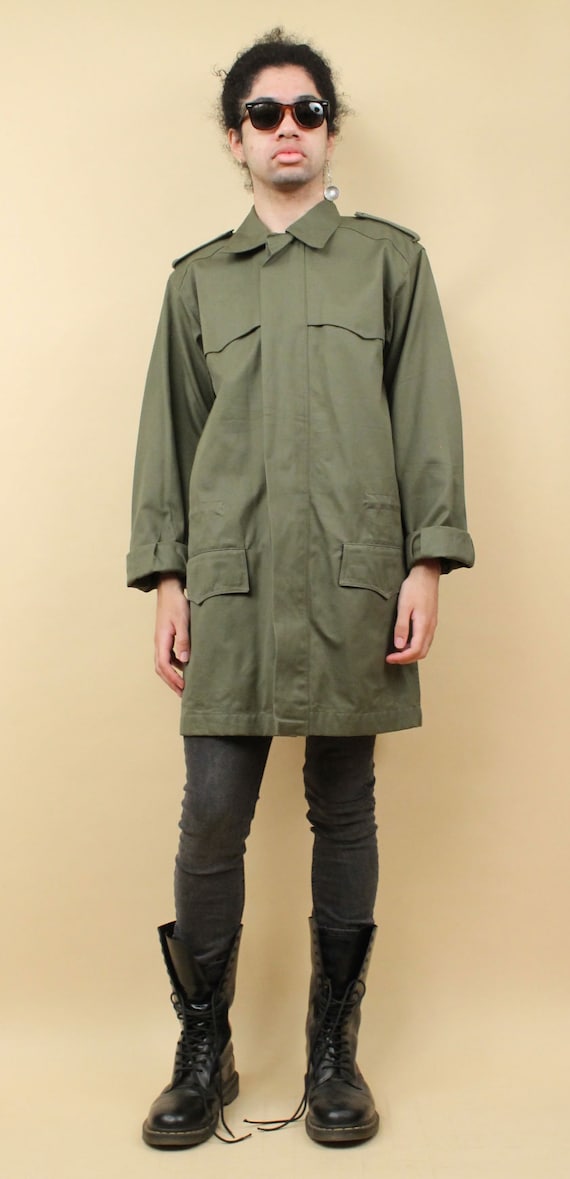 80s Vtg Italian Army Green Cotton Chore Coat Long… - image 2