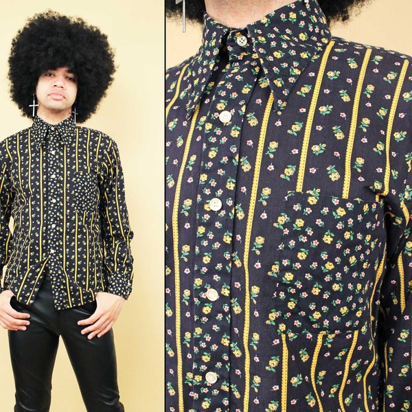 60s 70s Vtg Pointy Collar Cotton Floral Button Up Long Sleeve Shirt Mod Dandy Psychedlic Garage Rock Men's Xs Sm Chest 38"