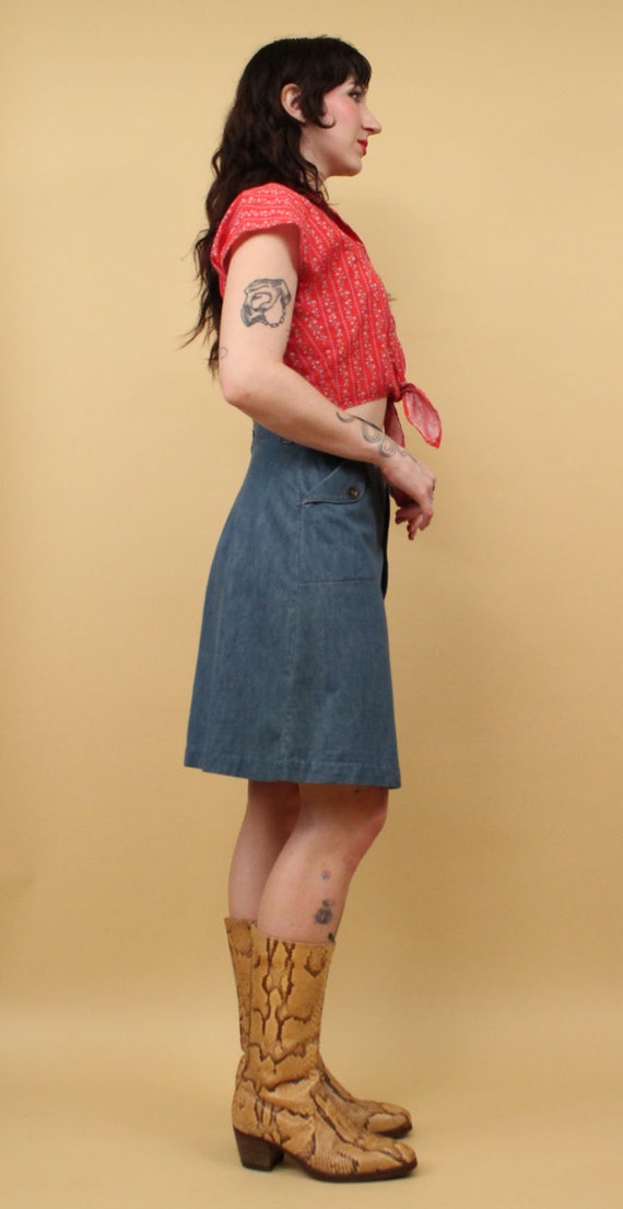 70s Vtg Light Wash Cotton Denim Blue Jean Mini Sk… - image 4