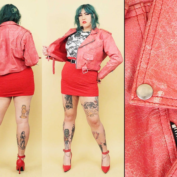 80s Vtg Genuine Leather Red Distressed Cropped Motorcycle Biker Punk Metal rare Plus Size Women's tag 16 L XL B42" W34"