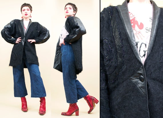 80s Vtg Black Mohair Shaggy Wool & Leather Appliqu