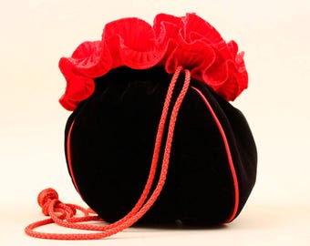 80s 90s Vtg 1989 dated Black Red Velvet Ruffle Drawstring Purse Handbag Evening Formal 8"x8"