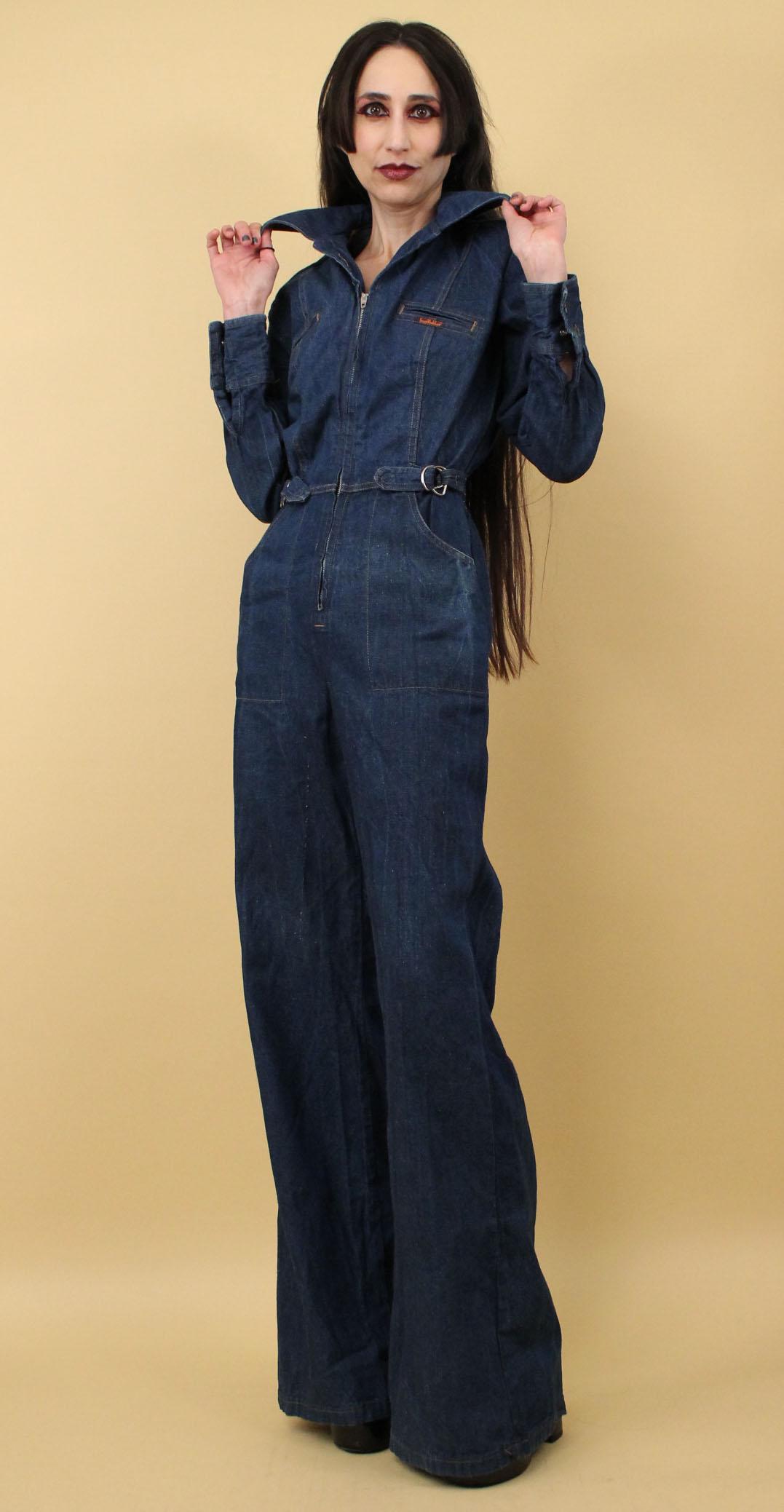 70s Vintage Landlubber Denim Jumpsuit: Wide Leg Rocker Glam