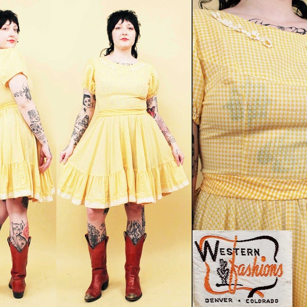 50s 60s Vtg Yellow & White Daisy Seersucker Cotton Poly Western Fashions Mini Dress Square Dancing Rodeo Women's Small Medium B36" W28" H50"