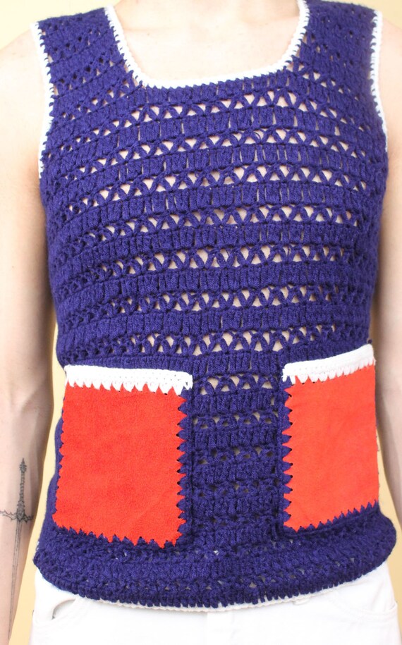 70s Vtg Navy Blue Acrylic Crochet Net Knit & Red … - image 2