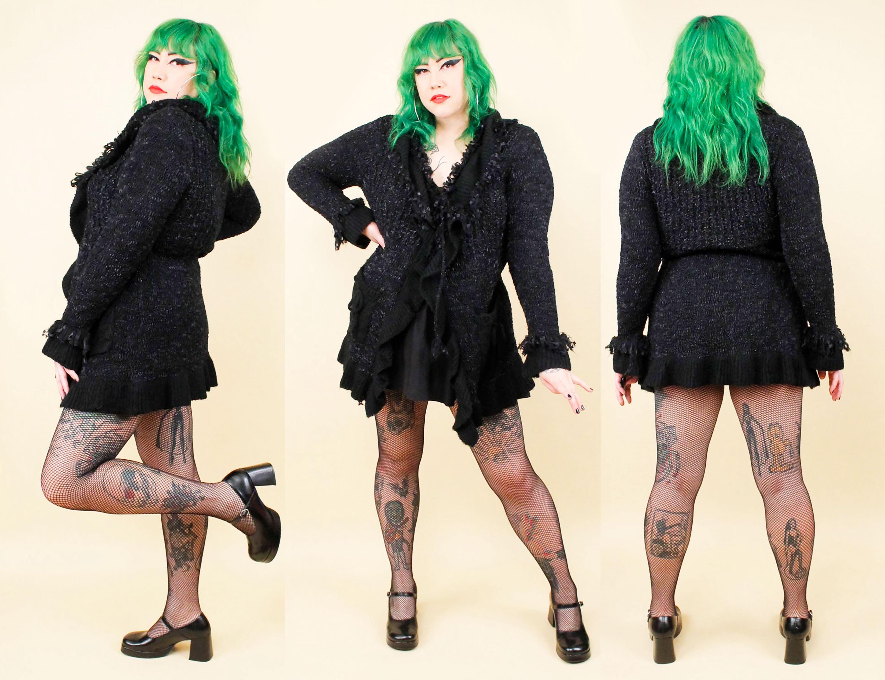 90s Y2K Black Shaggy Knit Cardigan Long Sleeve Sweater Jacket 