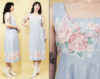 70s Vtg Pastel Blue Pink Cabbage Rose Cotton Floral Print Midcalf Length Dress Prarie Cottage Core Hippie Folk Women's Sm