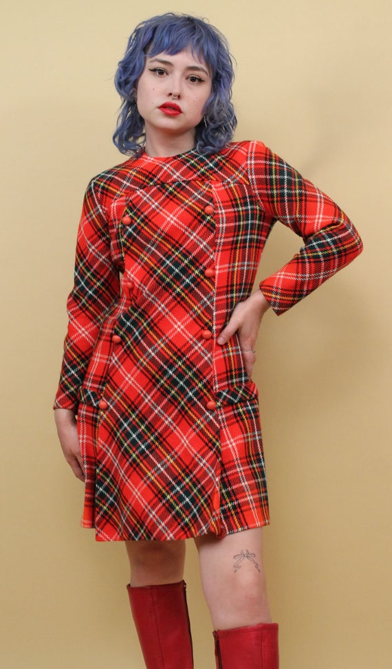 60s Vtg Plaid Red Tartan Wool Mini Dress Long Sle… - image 5