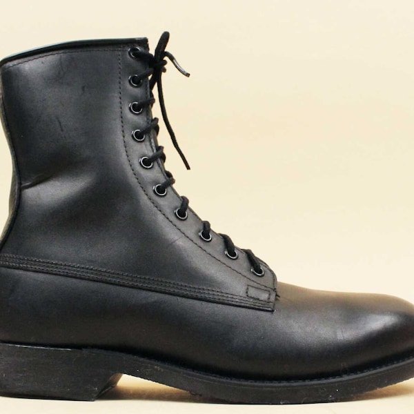 80s 90s 1990 Vtg Deadstock Black Leather Combat Boots Lace Up Ankle Army Issue Punk Metal Goth Men's US 9 EU 43