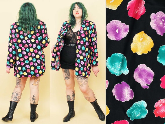 80s Vtg Cotton Candy Fluff Print Kimono Duster La… - image 1
