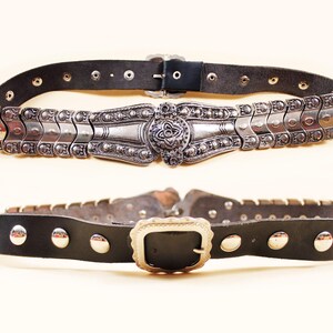 Black Heavy Leather Belt Rhinestone Studded 80s Rocker Size Large Cinch Waist 34 Vintage 80s 90s Studded Western Cowboy Rocker Leather Belt  main image 2