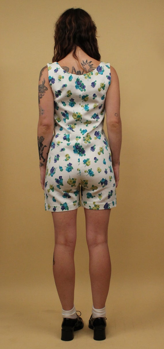 60s Vtg Mod White Green Blue Floral Cotton Romper… - image 6